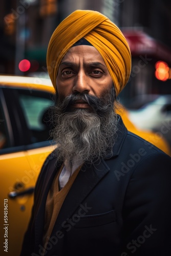 An adult Sikh taxi driver standing in the bustling streets of New York in front of his taxi, exuding a sense of pride and resilience. Created with generative A.I. technology.