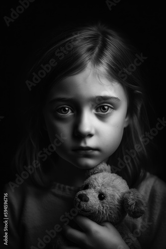 Monochrome image of a young child girl, looking sad or shy and holding her teddy bear tightly, evoking a sense of innocence, vulnerability, and emotional depth. Created with generative A.I. technology