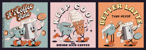 Set of Retro posters with mascot cups of hot drink, cappuccino, latte, espresso in trendy vintage cartoon style. Coffee characters in 60s, 70s old animation style. Vintage comic cafe mascots.