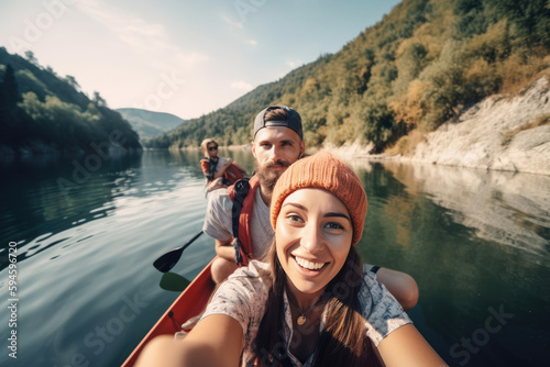 Fotografia Selfie of young cute lovely couple in hats canoeing kayaking on river in boat on sunny day nature outdoors, created with Generative AI