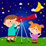 Children watching the night sky with a telescope. Vector illustration.