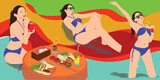 young woman relaxing and sunbathing by the pool or beach in summer in bikini and sunglasses drinking juice and eating, posing and happy, style halftone vintage