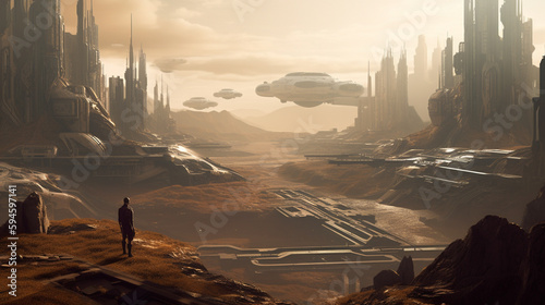 Dystopian landscape with futuristic city and people