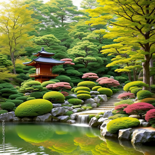 Japanese garden with pond. ...