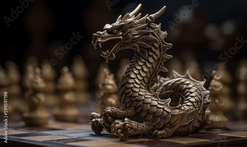 Chinese dragon figurine on the chess board. Generative Ai illustration