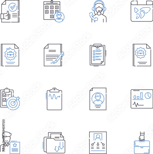 Record keeping line icons collection. Organization, Documentation, Archiving, Cataloguing, Filing, Accounting, Management vector and linear illustration. Retention,Ledger,Logbook outline signs set