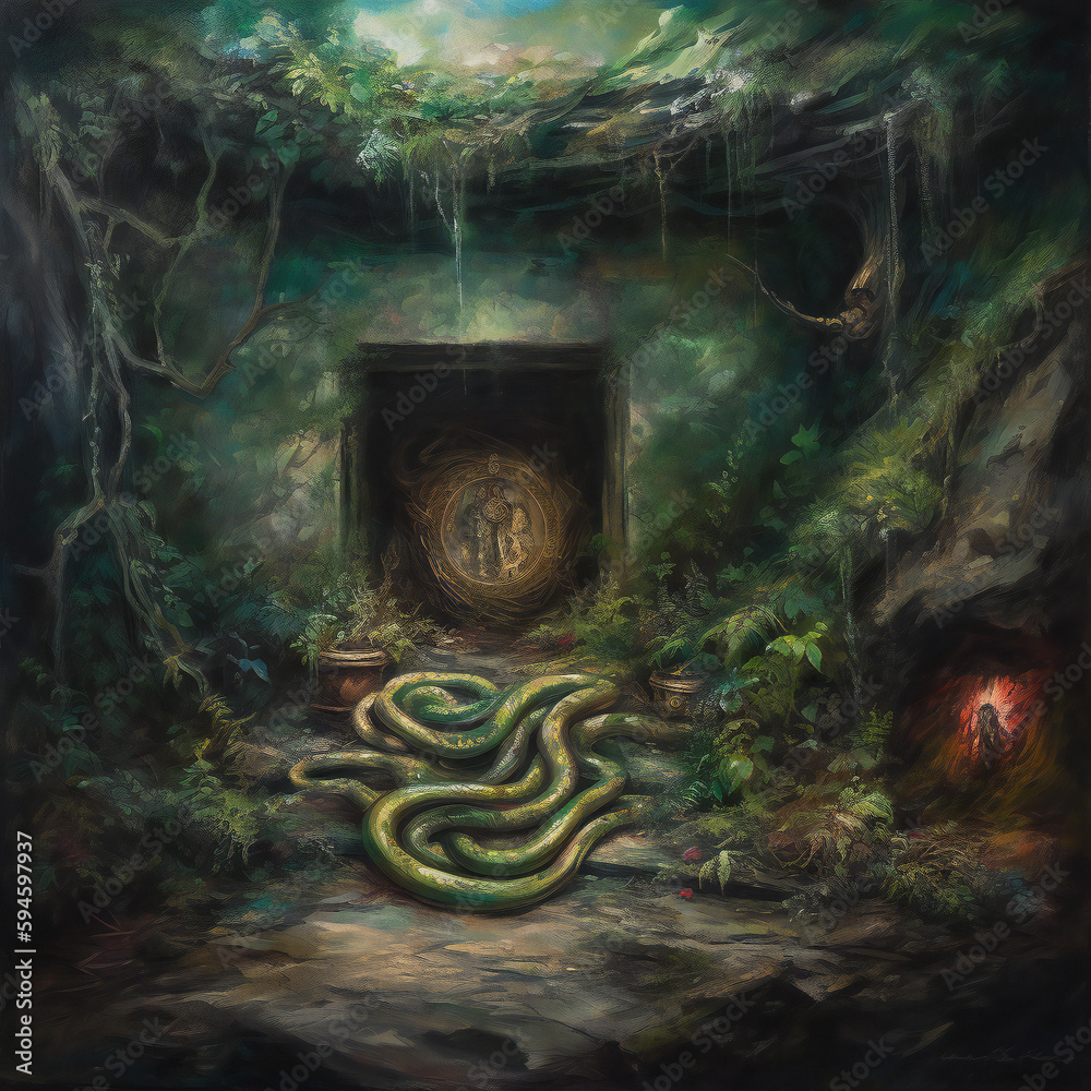 Medusa With Serpent Hair In Stone Chamber Dark Landscape Painting With