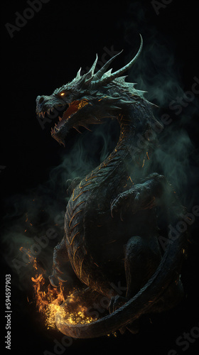Electric blue dragon breathing fire in darkness, CG artwork, cryptid, terrestrial animal, perfect for events and graphics, generative AI.
