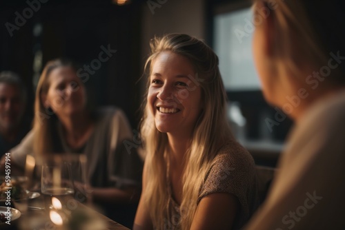 A Group Of People Sitting Around A Table With Food And Drinks Restaurant Candid Photography Influencer Marketing Generative AI