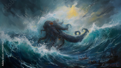 Gigantic kraken emerging from the water, dramatic landscape with wind waves, liquid and clouds, CG artwork, generative AI.