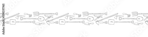 Edging, ribbon, border of outline garden tools, working equipment. Simple doodle ornament, decorative element, divider on topic of gardening, farming, agriculture