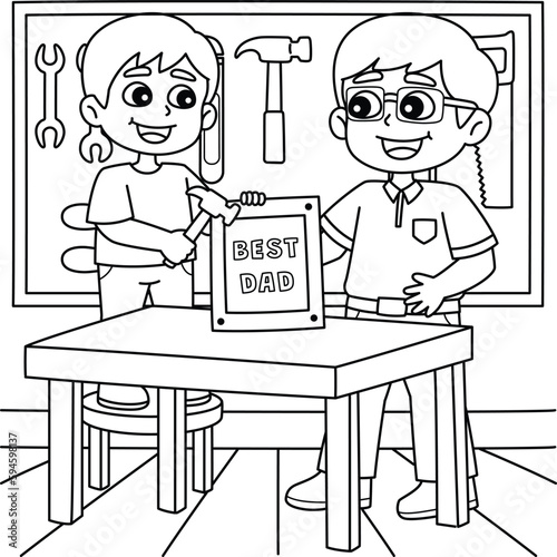 Father and Son doing Carpentry Coloring Page 