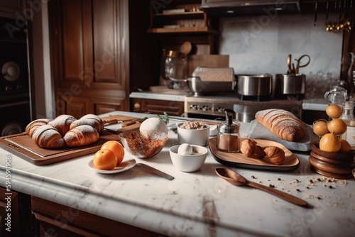 A Kitchen Counter With Bread Eggs And Other Items On It Kitchen Food Photography Cuisine Generative AI
