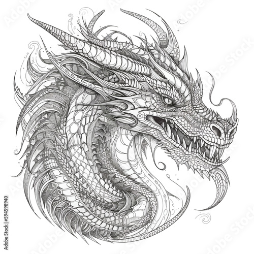 Chinese Dragon black and white drawing design 2d illustration. Traditional mystical creature vector coloring page