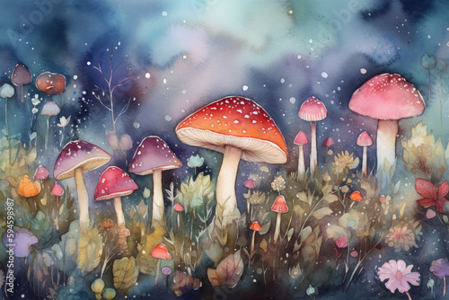 Paint a beautiful watercolor scene of a group of cute and whimsical mushrooms surrounded by a lush and vibrant garden of colorful and playful flowers