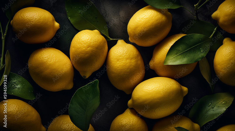 many lemons lie on a dark background