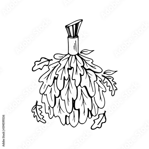 Hand drawn bathing accessories. Vector pictures of oak broom for the bath in doodle style. Line art illustrations