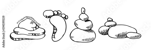 Different types of stones. Decorative rocks for relax and spa. Vector hand drawn pictures in doodle style. Line art illustrations