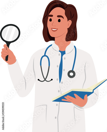 Curiosity concept. The woman is a doctor with a tablet and a stethoscope, standing looking at something with a magnifying glass.
