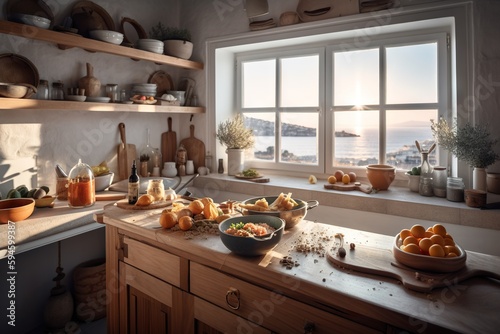A Kitchen With A Window And A Bowl Of Fruit On The Counter Kitchen Advertising Photography Cuisine Generative AI