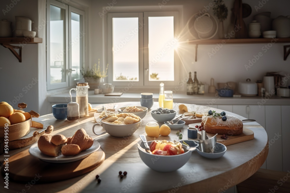 A Table With A Bunch Of Food On It And A Window Kitchen Food Photography Breakfast Generative AI