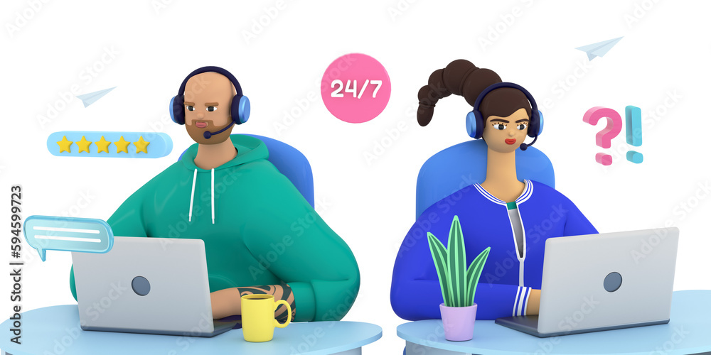 3d woman and man talking with service support hotline. Operators with headsets working. Customer self-service, call center, online assistance, FAQ, get in touch concept. 3d render illustration. 3d woman and man talking with service support hotline. Operators with headsets working. Customer self-service, call center, online assistance, FAQ, get in touch concept. 3d render illustration.