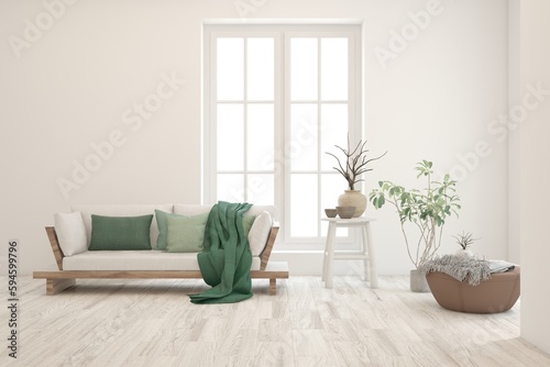 White scandinavian interior design with sofa. 3D illustration