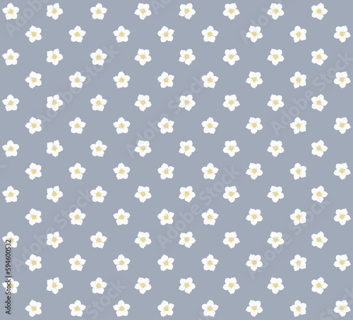 Jasmine. Seamless pattern with white jasmine flowers isolated on a gray background. Vector illustration for print, wallpapers, fabrics, wrapping paper, postcards.