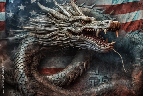 Chinese dragon over the flag of United States of America. China overtaking US economy. Generative Ai illustration © ArtmediaworX