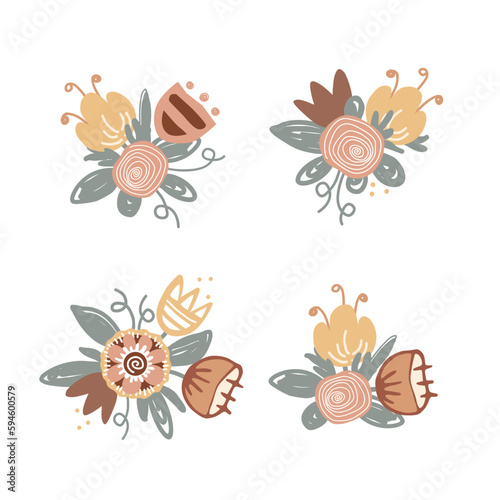 Set of cute small bouquets in Scandinavian style. Floral design elements from doodle flowers. Decoration posy in naive style.