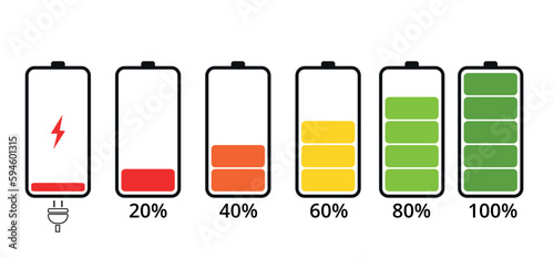 mobile phone battery charging flat icons on white background, charging battery from 0 to 100%.