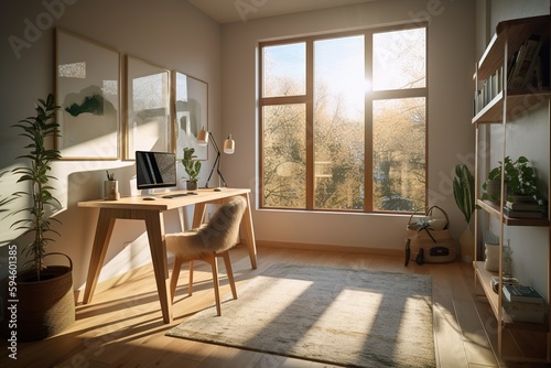 A Room With A Desk Chair And A Window With A View Bedroom Photorealism Interior Design Generative AI