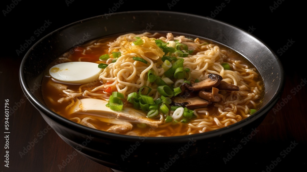A bowl of spicy chicken ramen with tender chunks of chicken, mushrooms, bean sprouts, and scallions A bowl of spicy chicken ramen with tender chunks of chicken, mushrooms, bean sprouts, and scallions