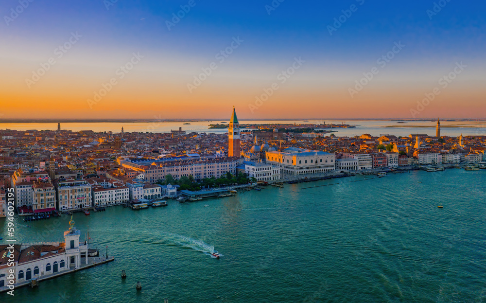 Sunset view of Piazza San Marco, Doge's Palace Palazzo Ducale in Venice, Italy