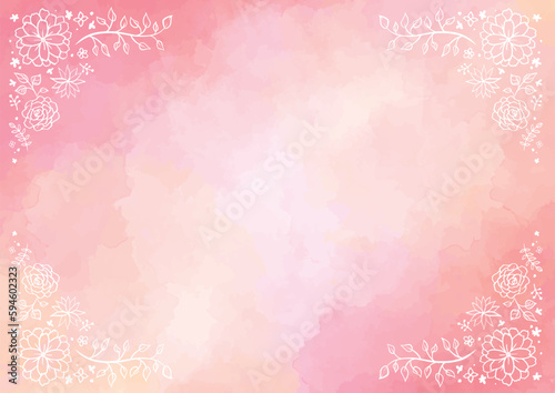ピンクの水彩風背景に白い線の植物を飾った背景