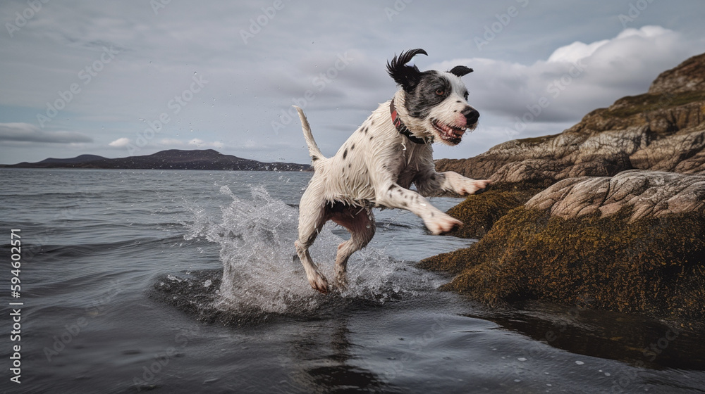 Spotty dog jumps in air in mountain ocean Spotty dog jumps in air in mountain ocean