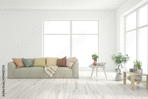 White modern interior design with sofa. Scandinavian interior design. 3D illustration