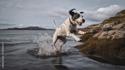 Spotty dog jumps in air in mountain ocean