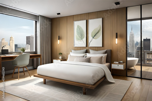 The interior design of a cozy and inviting bedroom for a young couple  with a focus on incorporating natural elements and a warm color palette    Generative AI