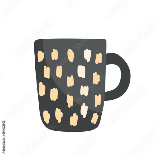Cute black ceramic mug decorated with golden spots. Hand drawn cup vector illustration isolated on background.