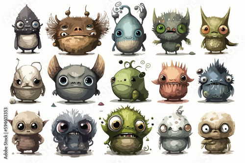 Vector illustration featuring a set of fantastical monsters with large eyes.