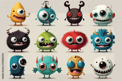 Vector illustration featuring a set of fantastical monsters with large eyes.