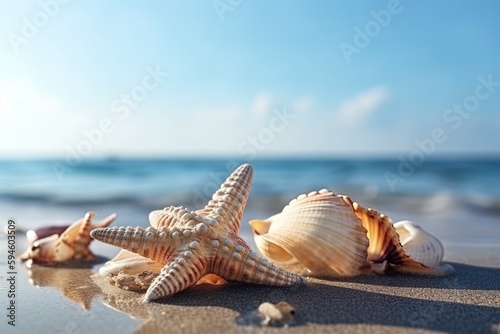 sea shells and starfish on the beach, aigenerative