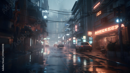 photorealistic wide angle view of a cyberpunk city