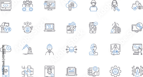 Streamlining line icons collection. implification, efficient, optimization, consolidation, integration, automation, standardization vector and linear illustration. reorganization, refinement
