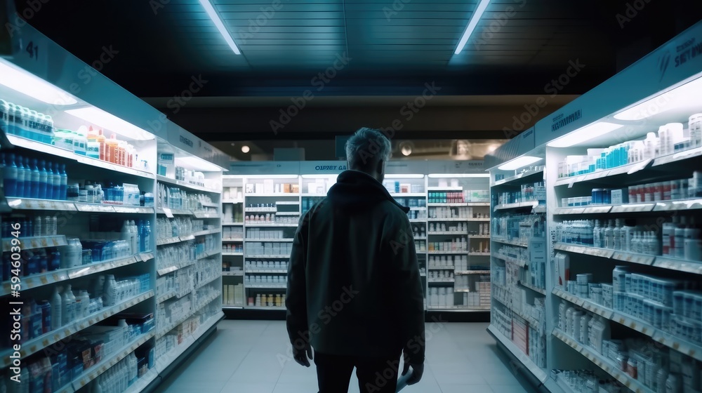 People choosing and buying medicines in a pharmacy. Ai.