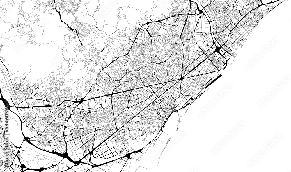 Monochrome city map with road network of Barcelona Monochrome city map with road network of Barcelona