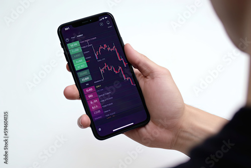 Wallpaper Mural Man holds a phone in his hand with a stock exchange chart. Generative AI Torontodigital.ca