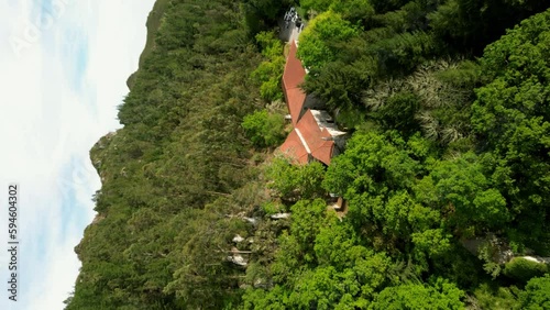 VERTICAL VIDEO DRONE SHOT monastery of san pedro of rocas, esgos, ourense, spain, pullback photo