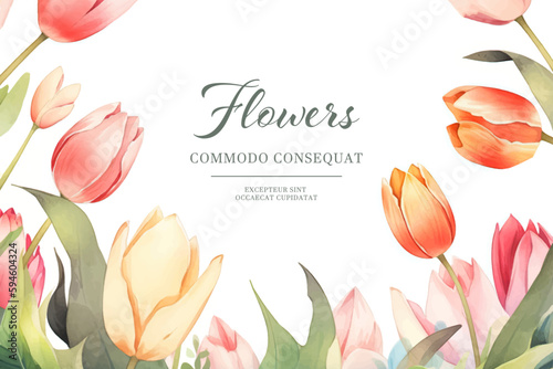 Vector watercolor banner with beautiful framed tulip flowers for spring or summer holiday, women's day, mother's day, wedding.